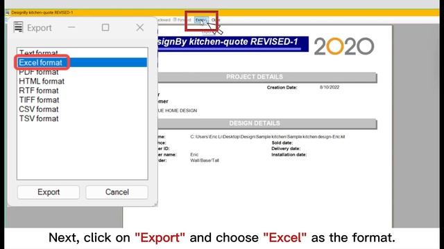How to export design 2020 to excel format ClassicBrand