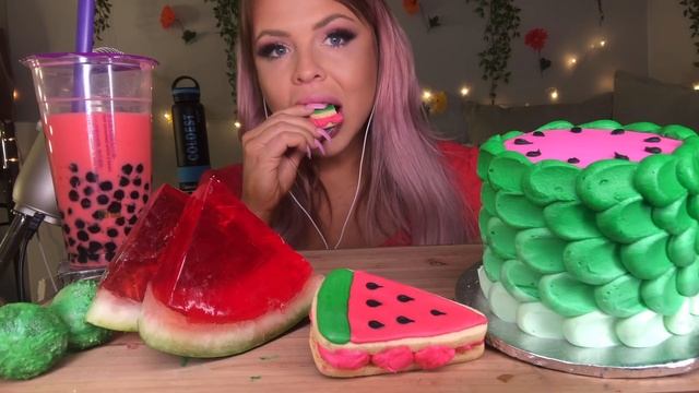 ASMR WATERMELON CAKE, BUBBLE TEA, CAKE POP, MACARON, SANDWICH COOKIE, JELLO SLICE MUKBANG 먹방