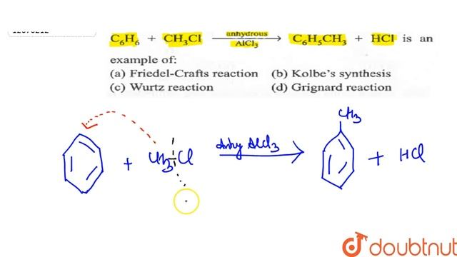 `C_(6)H_(6)+CH_(3)Cl overset(anhydrous)underset(AlCl_(3))rarrC_(6)H_(5)CH_(3)+HCl` is an example of