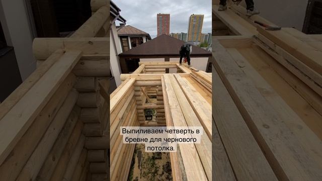 Выпиливаем четверть в бревне для чернового потолка.
