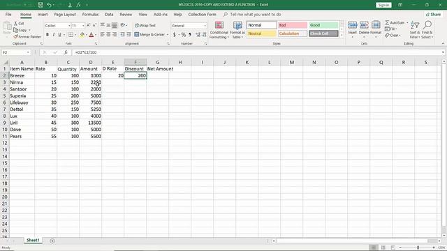 33 - Microsoft Excel 2016 copy and extend a function
