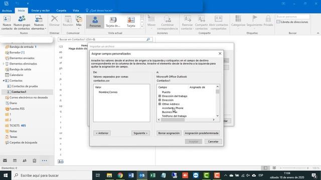 Agregar contactos de correo en Outlook desde una plantilla de Excel