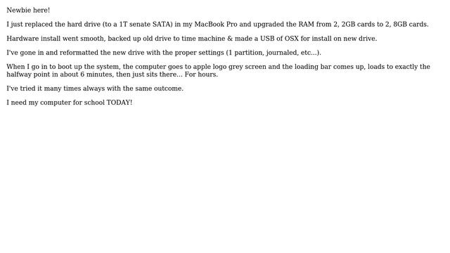 Apple: New hard drive in early unibody 2011 MacBook Pro won't boot