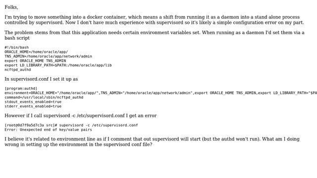 Supervisor settings environment variables and getting a Error: Unexpected end of key/value pairs
