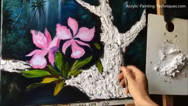 Orchid flowers in the tropical rainforests with Acrylic paints (40 x 50cm)