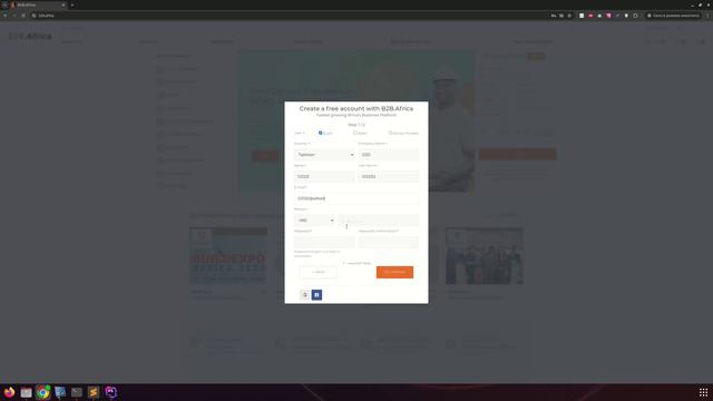 b2b.africa - Регистрация через всплывашки