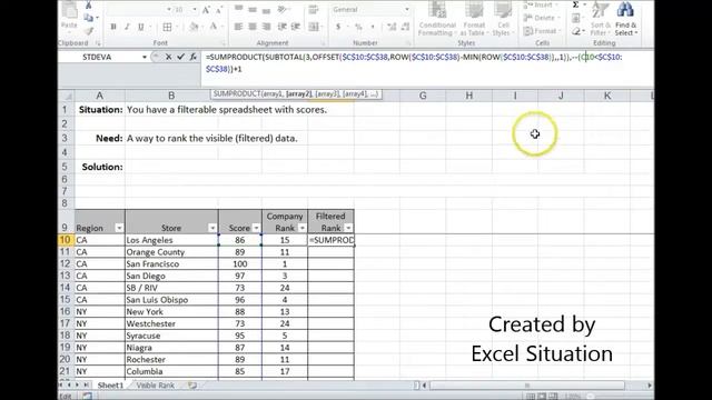 Excel rank visible (filtered) data