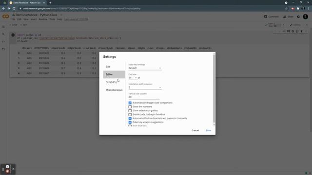Google Colab editor settings