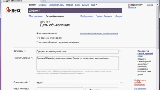 Текст рекламного объявления Яндекс.Директ (8-12)