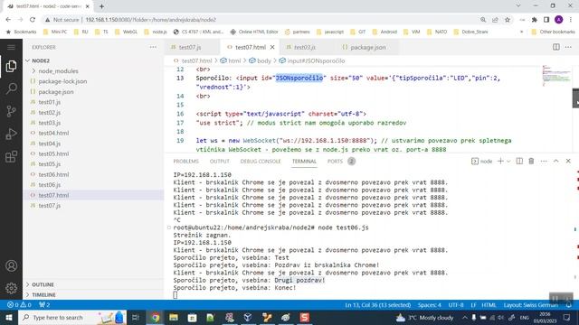 Povezava klienta, node.js strežnika ter esp32 modula prek vtičnika - "websocket" 07
