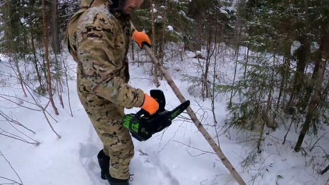 Идём в лес за валежником. Нужно убирать снег с навеса.