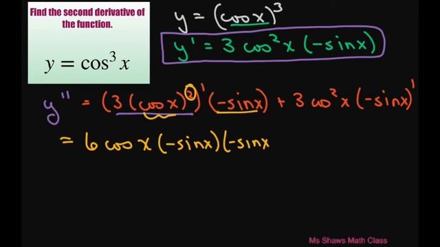 Find the second derivative of function y = cos^3 x.