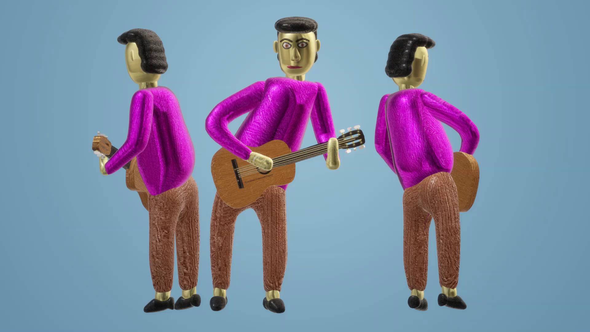 Рисунок 3D: Человечки с гитарами на голубом фоне