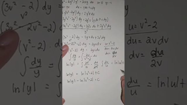 differential equation of (3x²-2y²)y'=2xydx when x=0 y=-1
