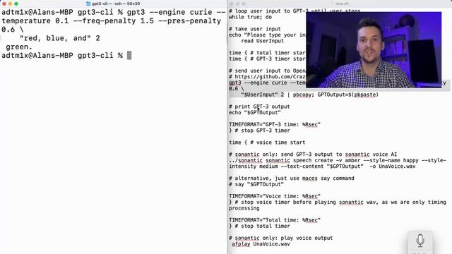 First look - How to speaklisten to GPT-3 - gpt3-cli dictation  macOS say  sonantic.io