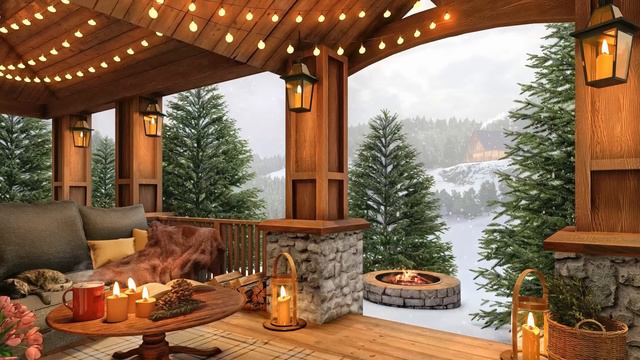 Winter Cozy Porch in Snow Falling Ambience with Crackling Campfire Snowfall and Relaxing Vibes