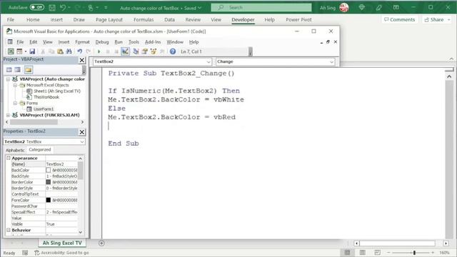 Change the color of TextBox on UserForm automatically