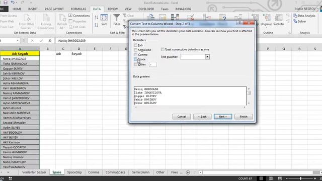 55 dərsə Excel: Dərs 23.1 - Text To Columns boşluğa görə hissələrə ayırmaq