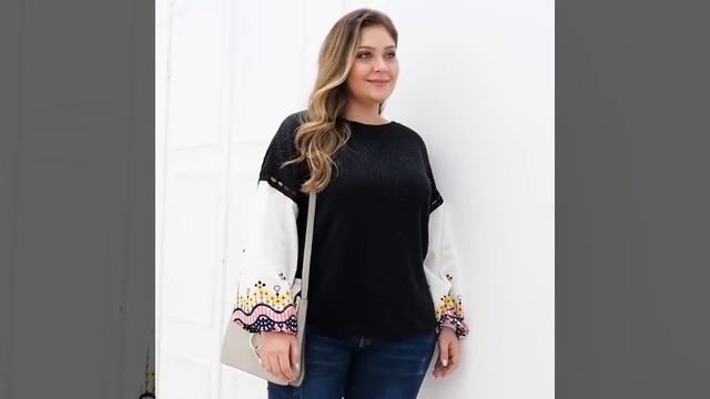 YUANSHU Embroidery Knitted Plus Size Blouse Women Patchwork O Neck Lantern Sleeve Pullover Tops 3XL