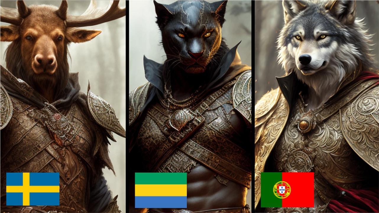 Национальные животные стран в виде гуманоидов от нейросети.
