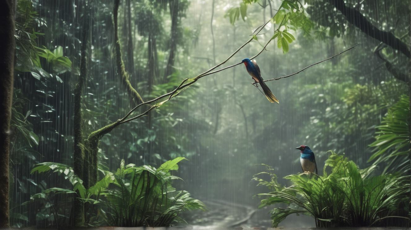 Дождь в тропическом лесу и пение птиц, звуки природы, белый шум, 4 часа,