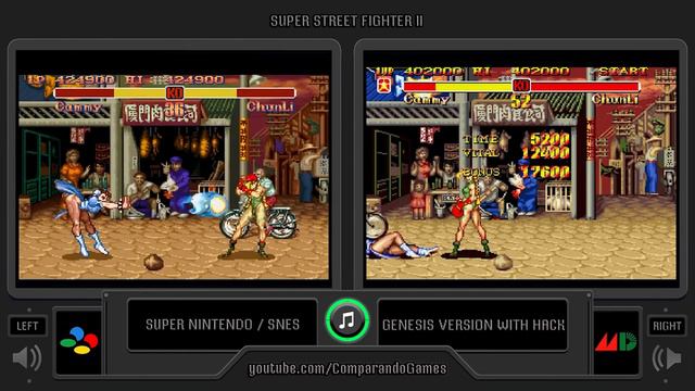 [1★] Super Street Fighter II (SNES vs Sega Genesis with HACK) Side by Side Comparison (2 Longplay)
