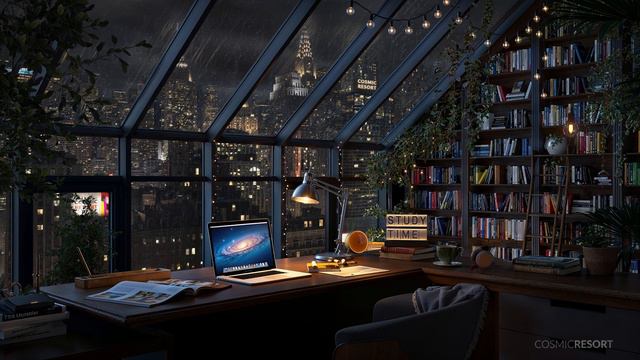 New York Loft Study Room with Rain and distant thunderstorm sounds   Study Focus Relaxation