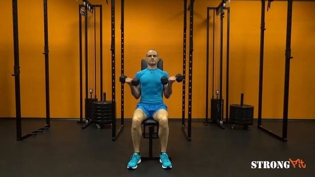 Редуващо се отгоре бицепсово с дъмбели от сед
