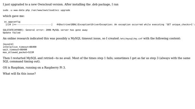 Owncloud upgrade fails with MySQL timeout