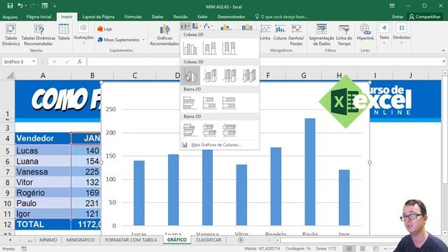 COMO CRIAR UM GRÁFICO NO EXCEL 2016 - Curso de Excel em 1 Minuto