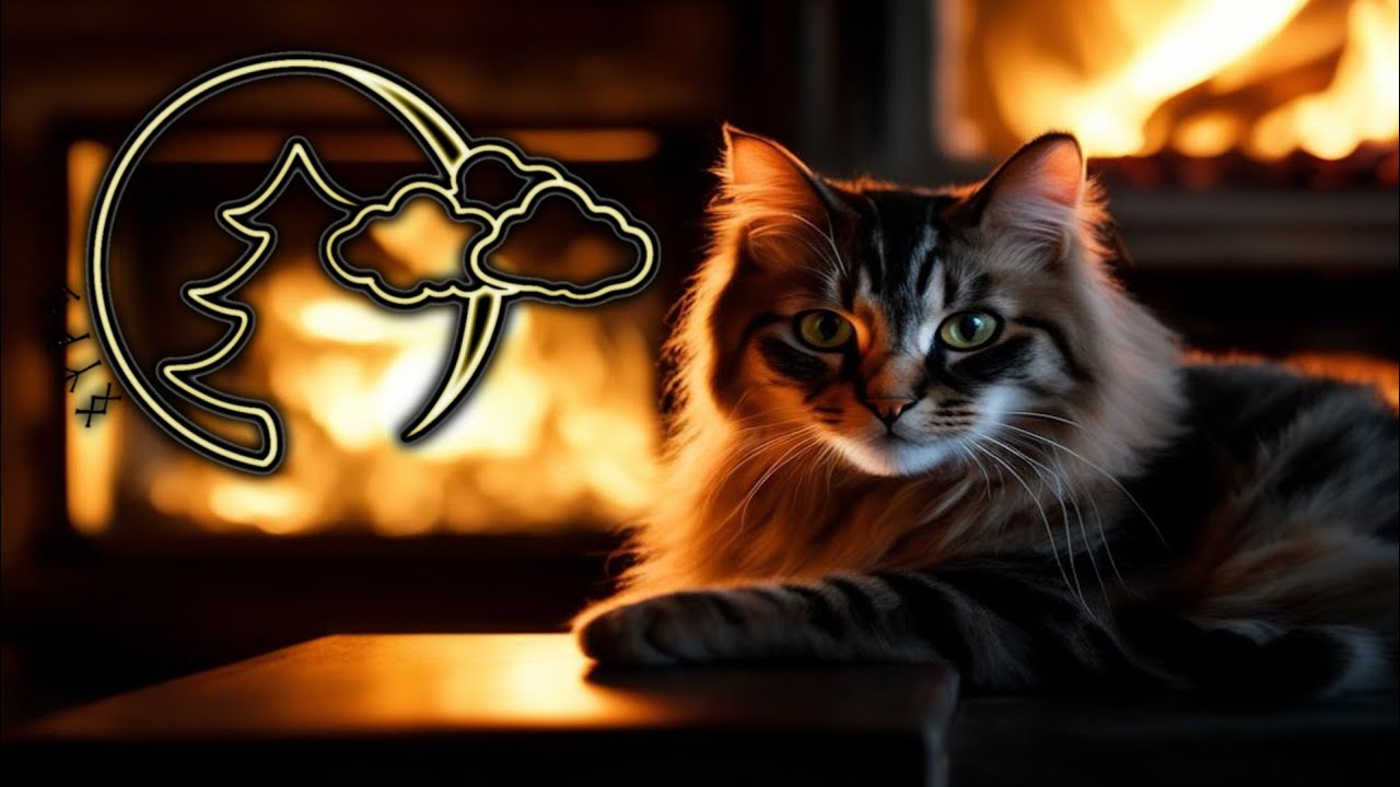 Мурлыканье кошки у камина для сна Мурчание кошки для сна A purring cat next to the fireplace