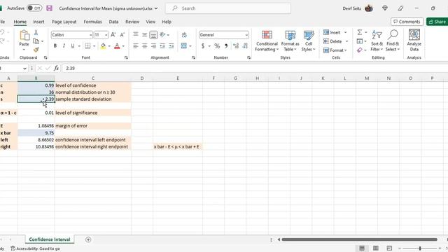 Microsoft Excel Confidence Interval for Mean (sigma unknown)