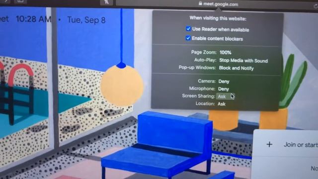How to turn on mic and camera for google meet on a Mac