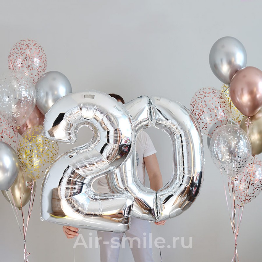 Комплект шаров серебряного, золотого и цвета розовое золото на 20 лет с гелием