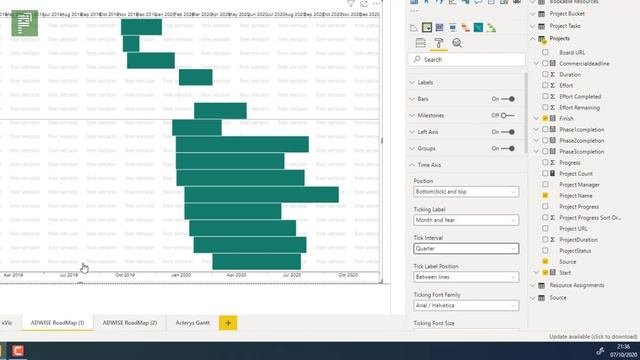 The Acterys Gantt and ADWISE RoadMap Gantt chart visuals in Power BI
