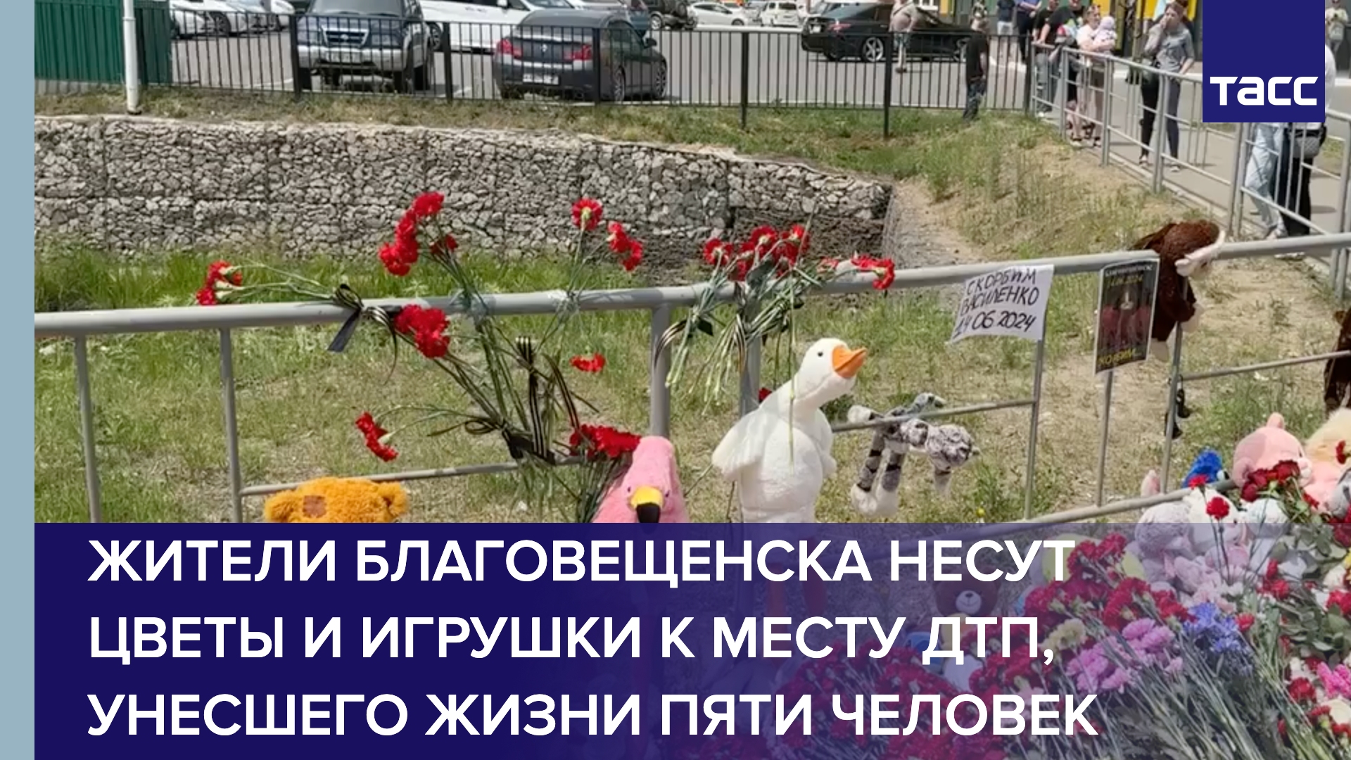 Жители Благовещенска несут цветы и игрушки к месту ДТП, унесшего жизни пяти человек