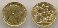 Нумизматика. Золотая монета. Англия, соверен 1907 года.