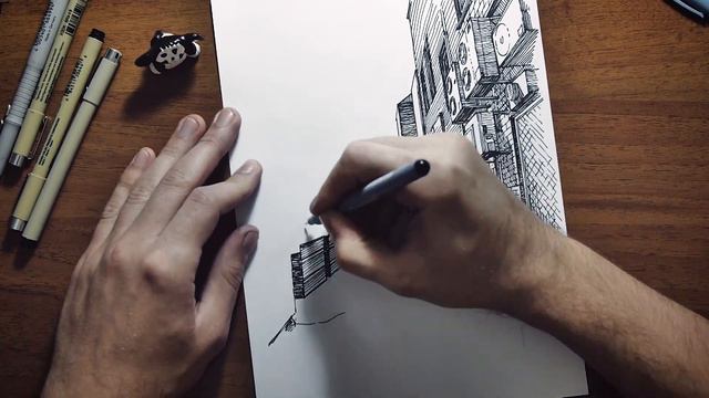 Drawing of a gloomy street - Linear perspective - Time lapse