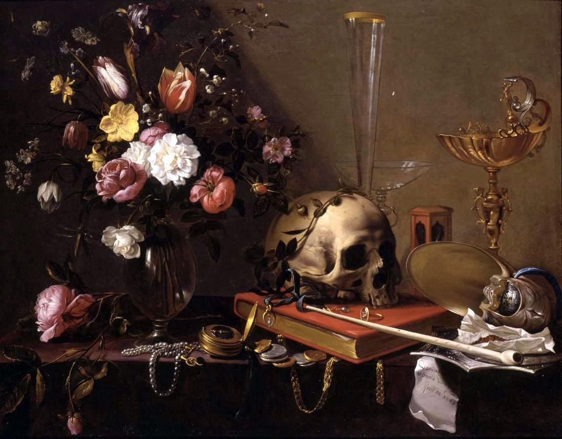 Адриан ван Утрехт. "Натюрморт с букетом и черепом" ("Суета сует"). 1642