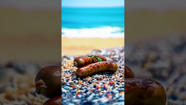 Обжаренные сосиски загорают на пляже у моря