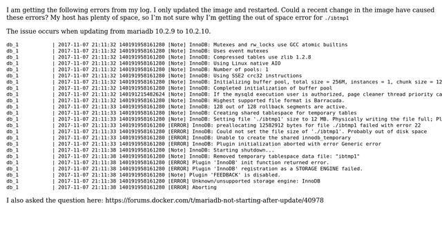 Docker MariaDB instance not starting after update