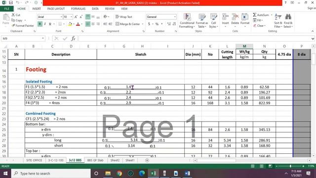 BBS (Bar bending Schedule ) of isolated Footings With  Excel File and Example
