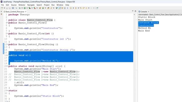 Basic Control Flow : Instance Block,  Static Block, Parameteries and Non Parameteries Constructor