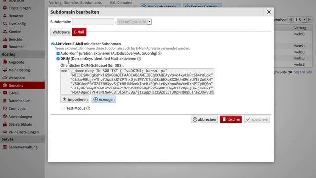DKIM (DomainKeys Identified Mail) über LiveConfig Generieren