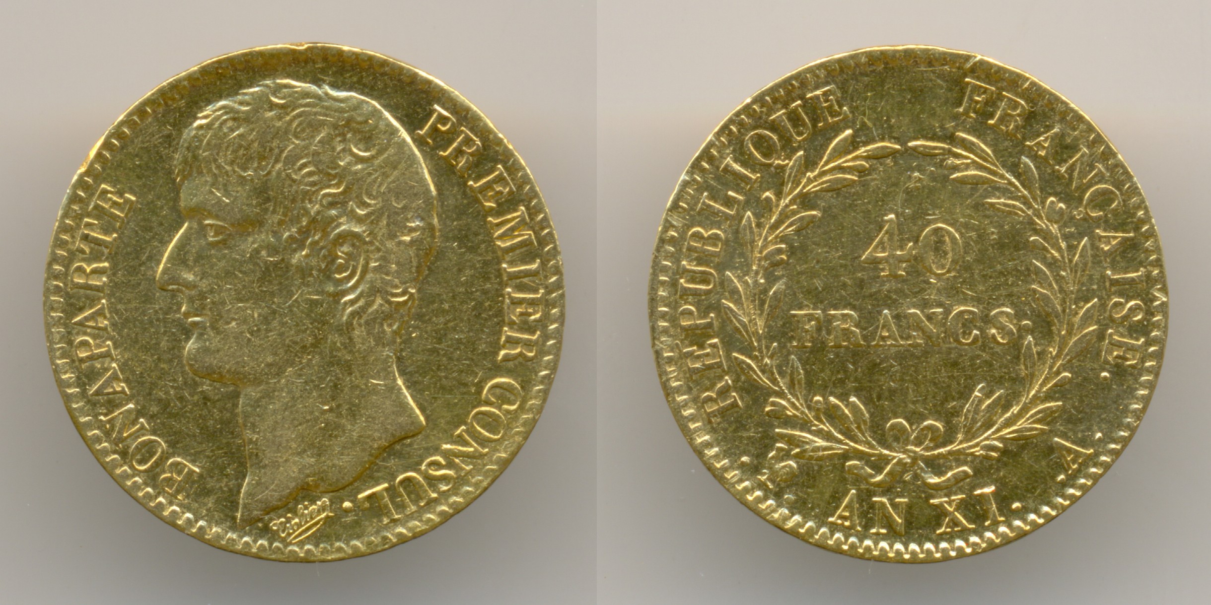 Нумизматика. Золотая монета. Франция, 40 франков 1802 года, 11 года республики.