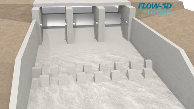 FLOW-3D анимация работы затвора и гасителя водосброса.
