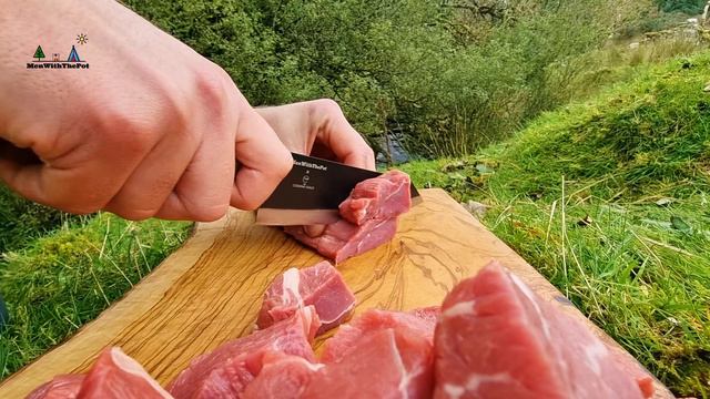 Bushcraft in a Beautiful forest! Cooking meat with potatoes under a thick layer of cheese