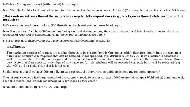 Does Web Socket block thread while keeping connection as regular http connection does?