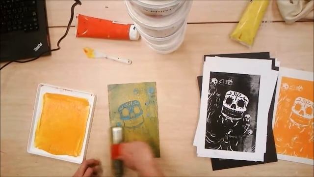 Teacher Demonstration: Day of the Dead Large Linocut First layer printing