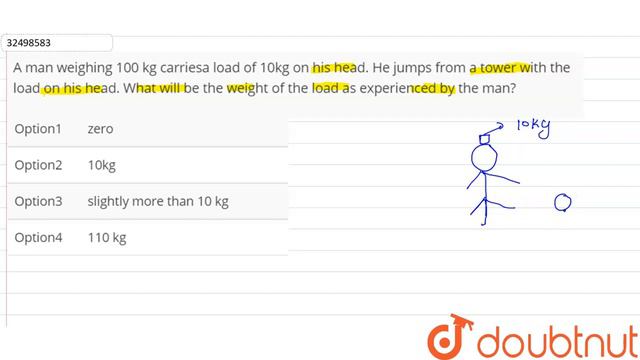 A man weighing 100 kg carriesa load of 10kg on his head. He jumps from a tower with the load on his